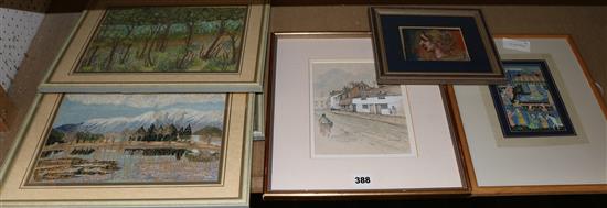 3 embroidered pictures, 1 w/col & 1 other